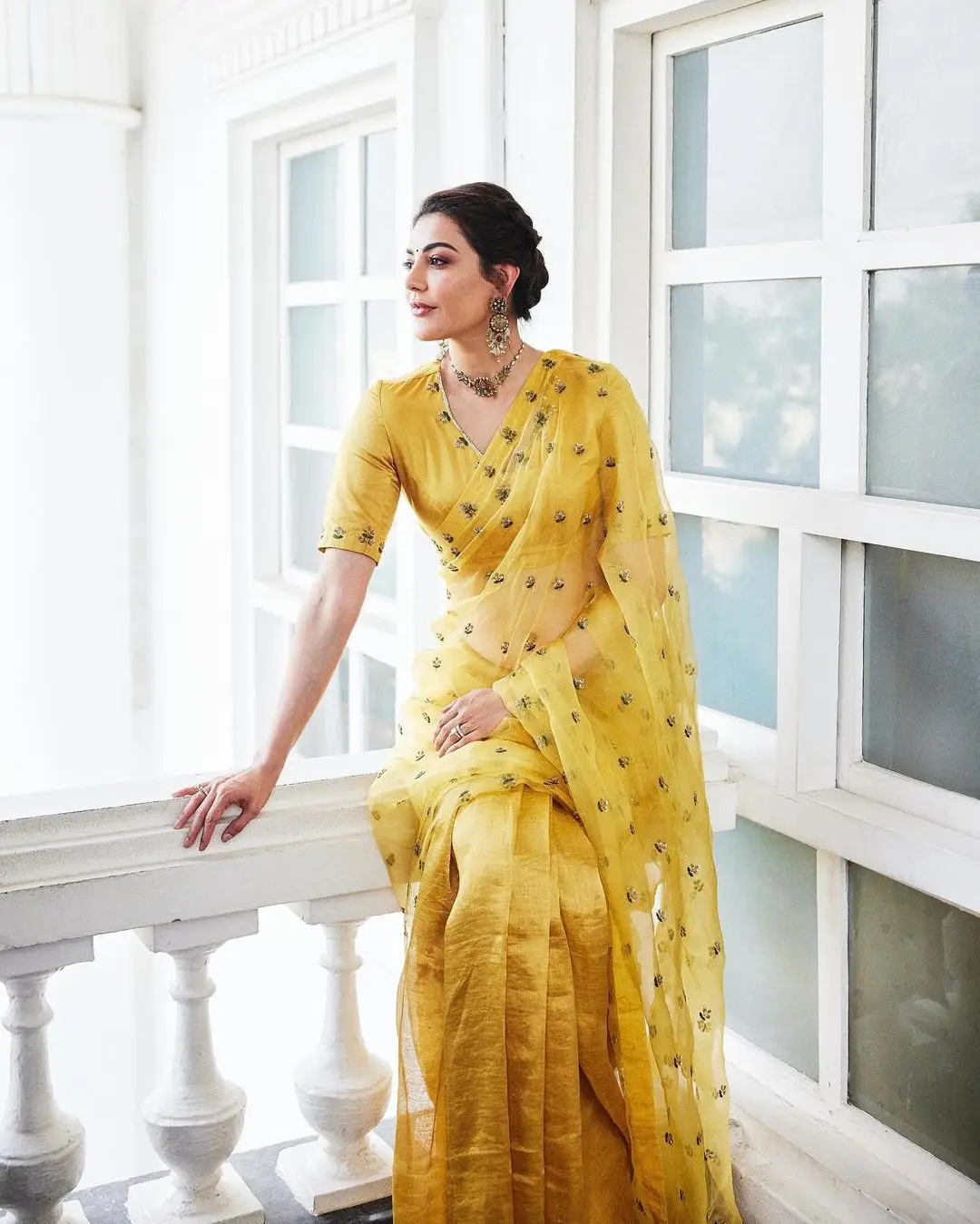 Kajal Aggarwal in Indian Tradition Yellow Color Saree Blouse